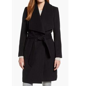 Cole Haan Signature Slick Wool Blend Wrap Shawl Collar Coat, Black, Size 8, NWT
